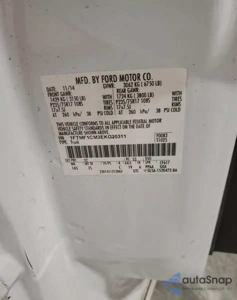 2014 Ford F150 from USA, damaged, VIN 1FTMF1CM3EKG20311